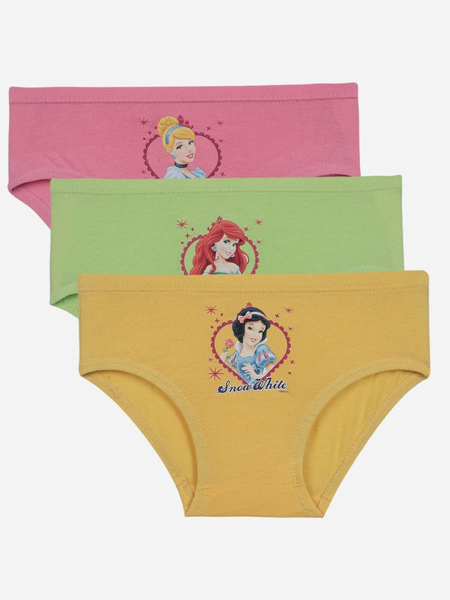 Kids girls' innerwear multipack in pink, green, and yellow with cartoon princess prints