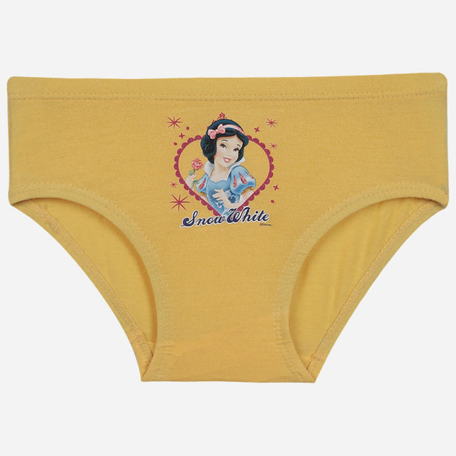 Yellow girls' underwear featuring a Snow White cartoon print on the front, kids innerwear.