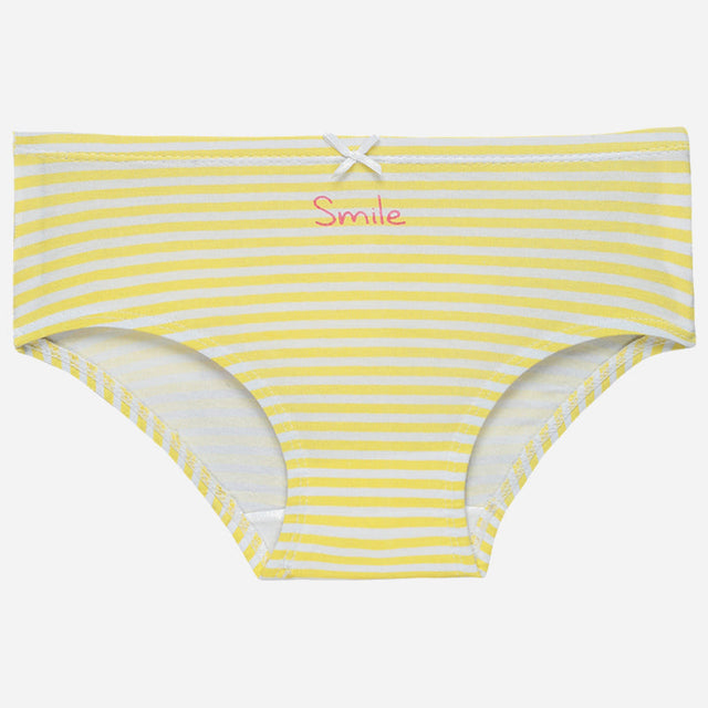 Yellow and white striped kids underwear with bow and Smile text on waistband