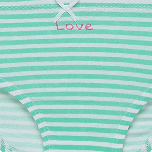 Girls' mint green striped underwear with a white bow and 'Love' embroidery