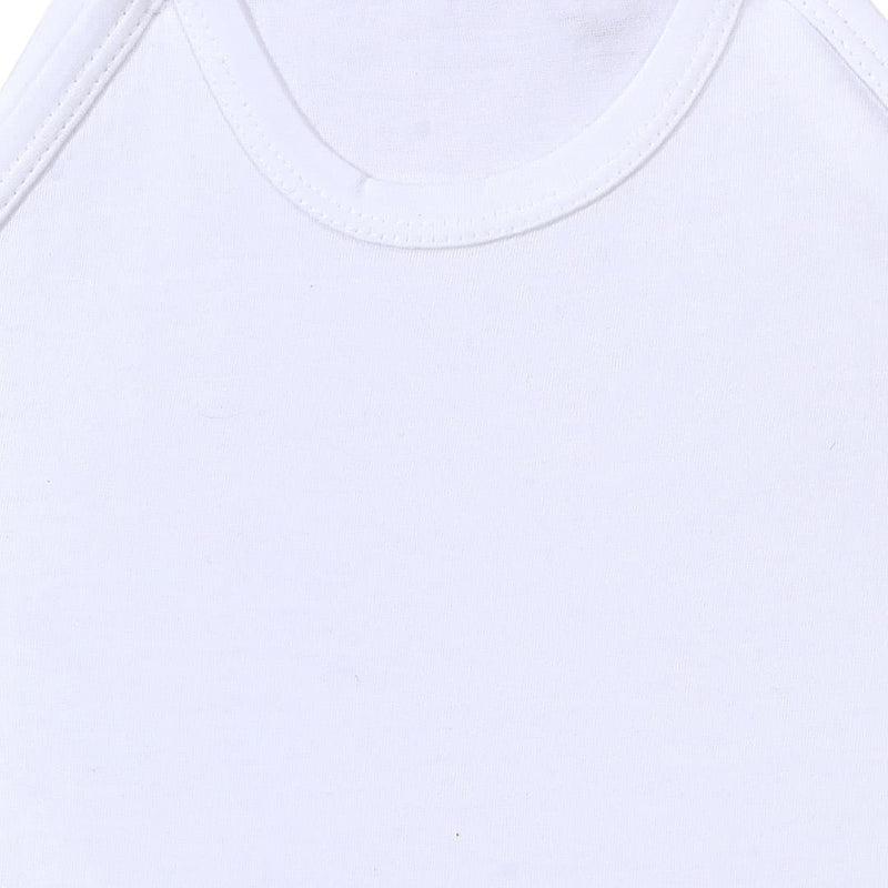 Close-up of white kids cotton sleeveless vest, soft fabric and round neckline
