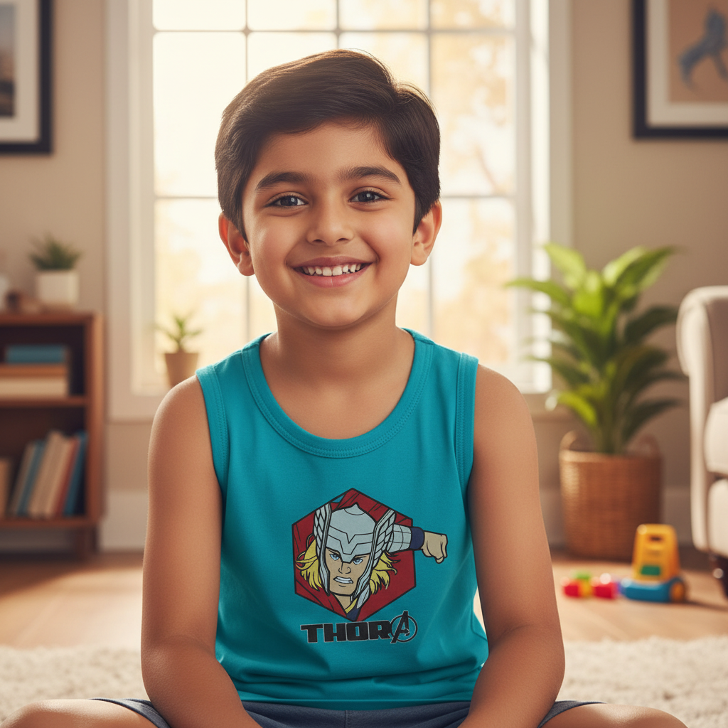 Smiling boy in turquoise sleeveless vest with superhero print, sitting indoors