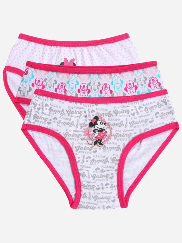 Set of three girls' printed cotton briefs with pink trim and cartoon character designs