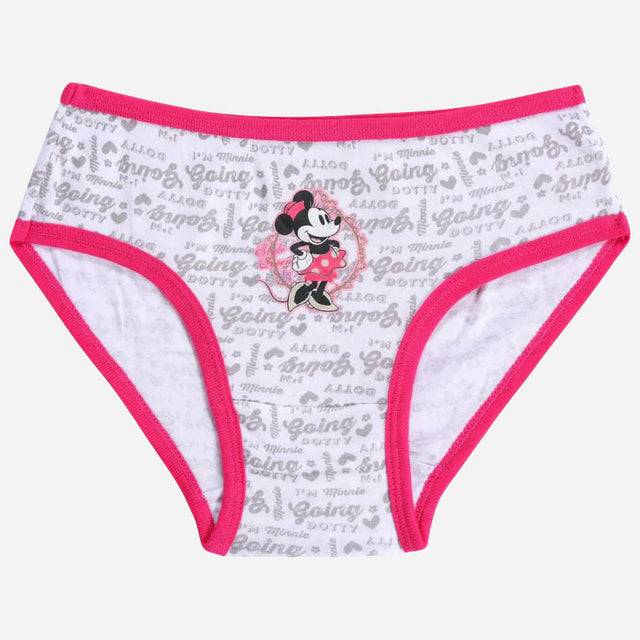 Girls' printed innerwear brief with cartoon character and pink trim on white fabric