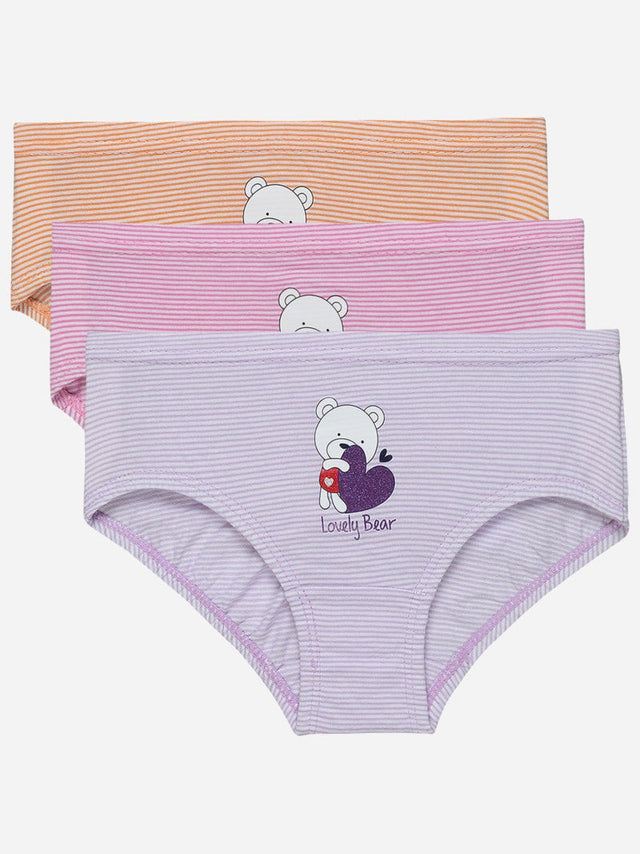 Set of three striped girls' innerwear briefs in pastel colors with cute bear print.