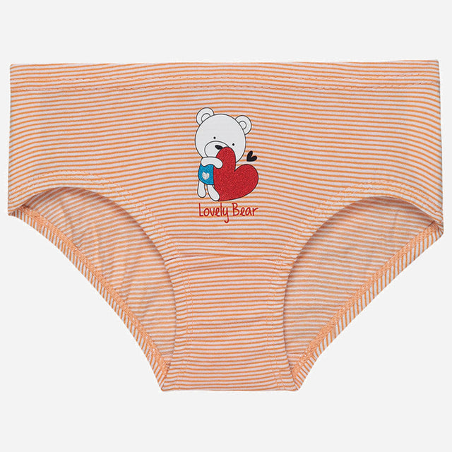 Orange striped kids underwear with cartoon bear holding heart and 'Lovely Bear' text on front