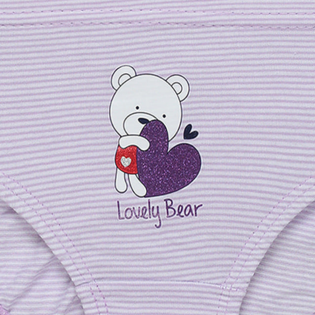Lilac striped kids underwear with a cute bear holding a purple heart and 'Lovely Bear' text