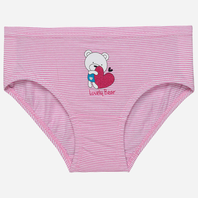 Pink striped girls' underwear with bear and heart print, kids innerwear, comfortable cotton