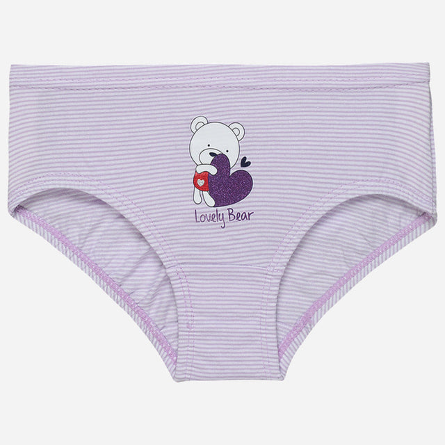 Lilac striped girls' underwear with cute bear and heart print, soft cotton innerwear