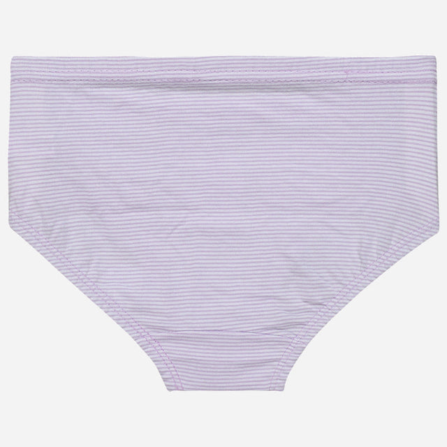 Light purple striped kids brief underwear, soft cotton fabric, flat lay on white background