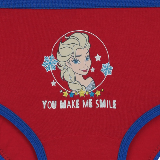 Red kids' underwear with blue trim, featuring a cartoon princess, snowflakes, and 'You Make Me Smile' text.