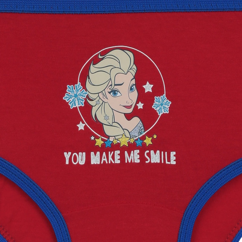 Red kids' underwear with blue trim, featuring a cartoon princess, snowflakes, and 'You Make Me Smile' text.
