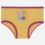 Yellow girls' brief with pink trim and Anna and Elsa cartoon print on front