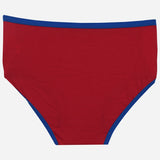 Red kids' innerwear brief with blue trim on waistband and leg openings on white background