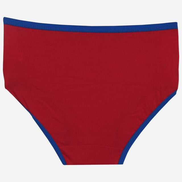 Red kids' innerwear brief with blue trim on waistband and leg openings on white background