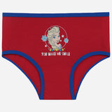 Red girls' underwear with cartoon princess print, snowflake accents, and blue trim.