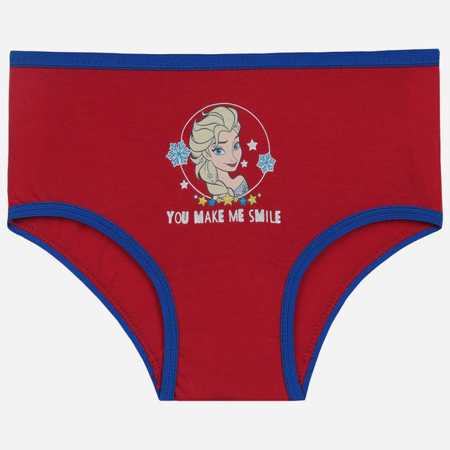 Red girls' underwear with cartoon princess print, snowflake accents, and blue trim.