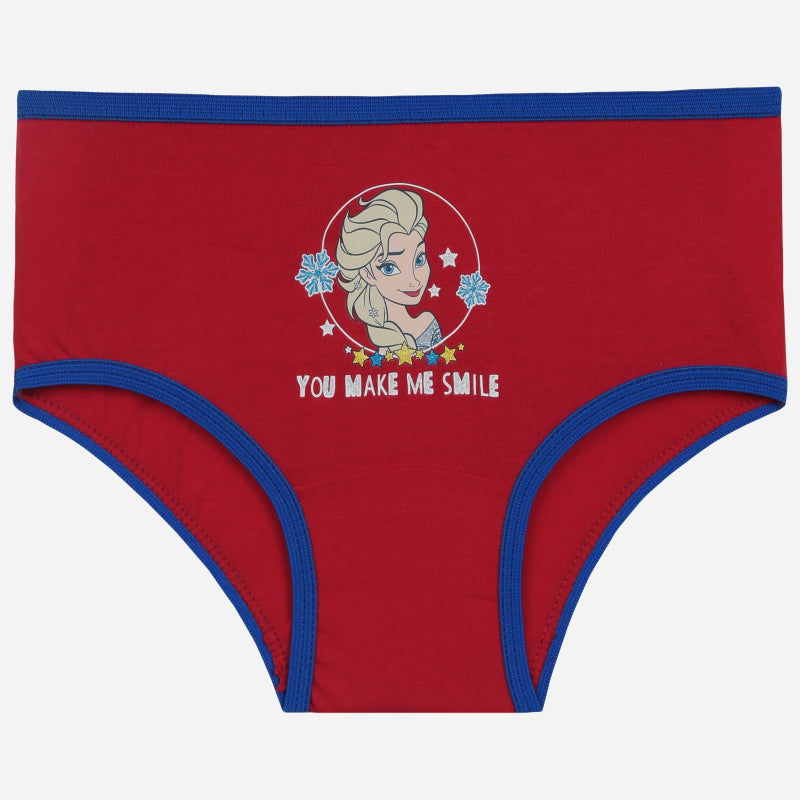 Red girls' underwear with cartoon princess print, snowflake accents, and blue trim.