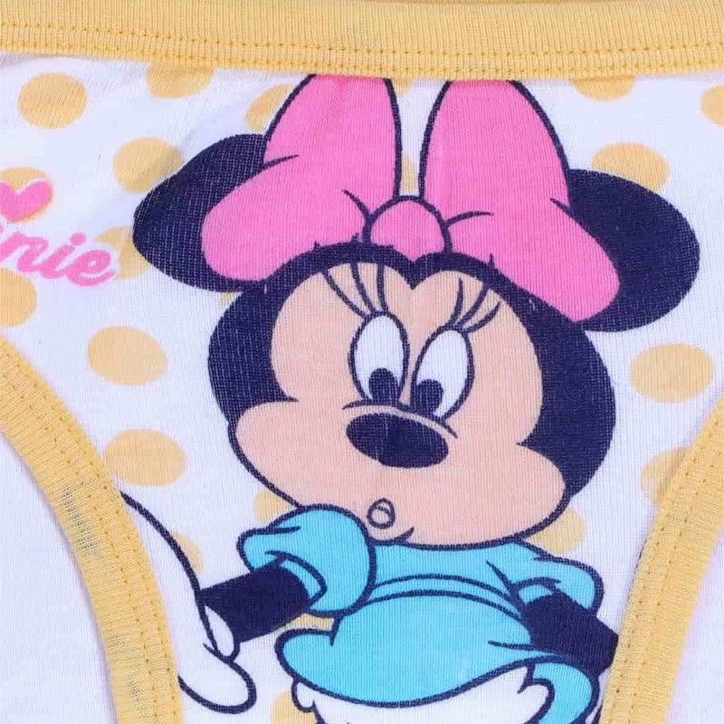 Kids innerwear with yellow trim, polka dots, and cartoon mouse with big pink bow print