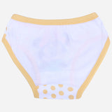Girls' cotton underwear with yellow trim and polka dot pattern on a white background