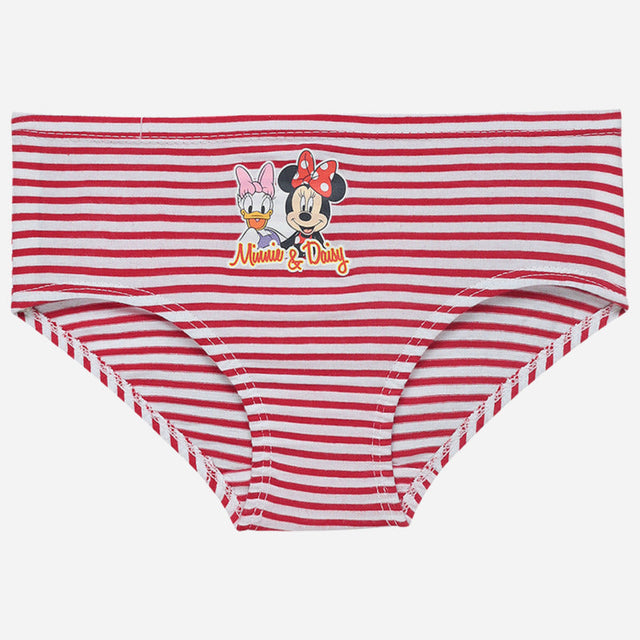 Red and white striped girls' underwear with cartoon characters and 'Minnie & Daisy' text on front