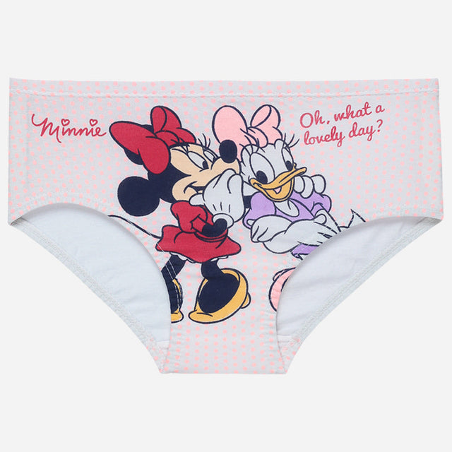 Girls' pink polka dot underwear with cartoon characters and 'Oh, what a lovely day?' print
