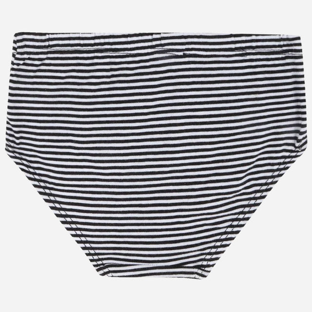 Black and white striped kids' cotton brief underwear on plain background