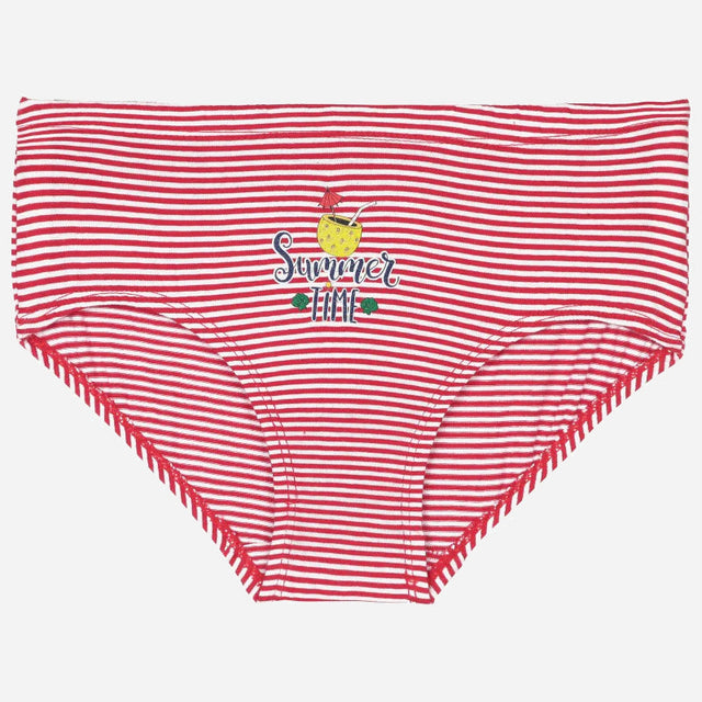 Red and white striped girls' underwear with summer drink and 'Summertime' print on front