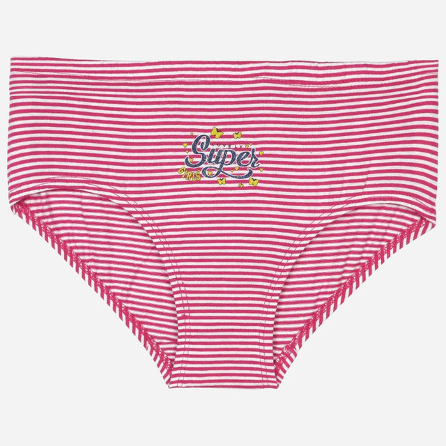 Pink and white striped girls innerwear panty with 'Super' text and butterfly print