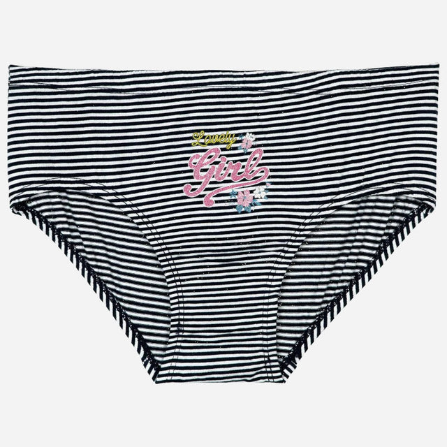 Girls' striped innerwear briefs with 'Lovely Girl' text and floral design, soft cotton fabric