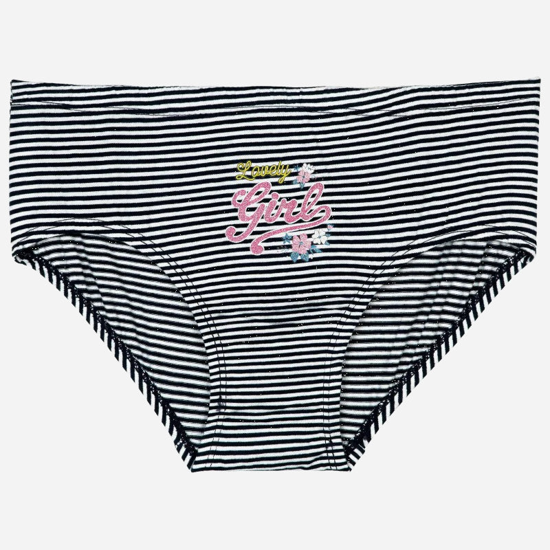Girls' striped innerwear briefs with 'Lovely Girl' text and floral design, soft cotton fabric