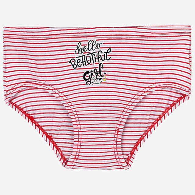 Red and white striped girls' underwear with 'hello beautiful girl' text print, soft cotton innerwear.