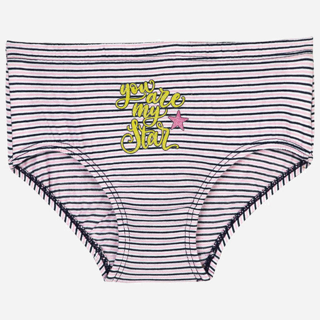 Girls striped pink and black underwear with 'you are my star' text and star graphic