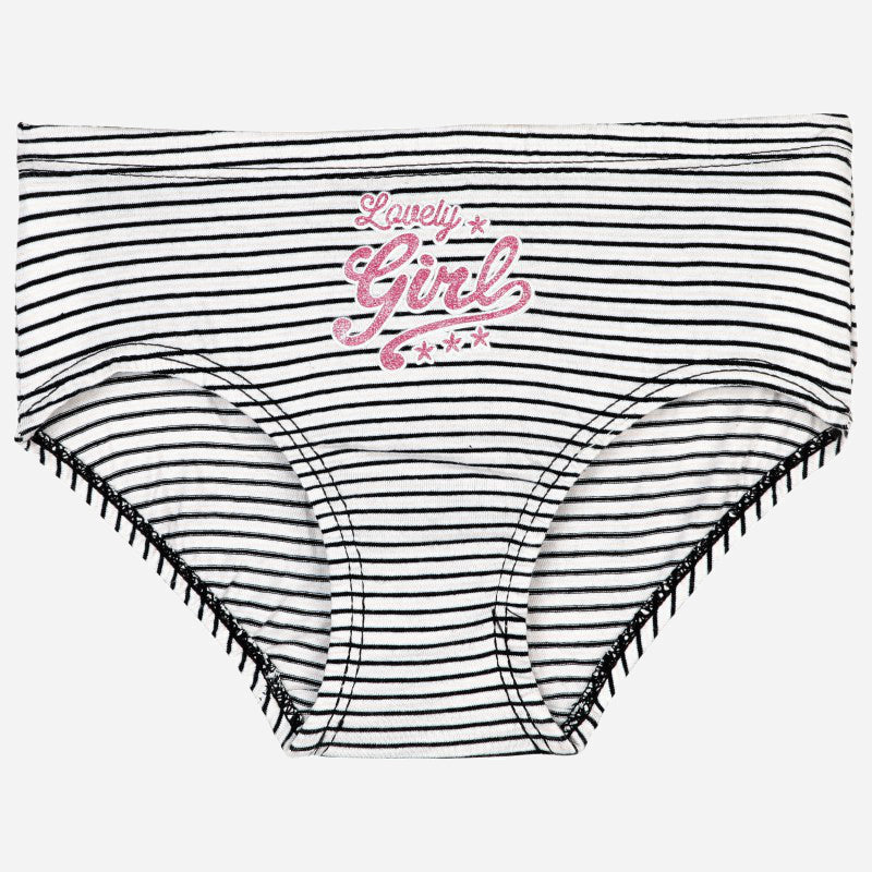 Black and white striped girls' underwear with 'Lovely Girl' pink text on front