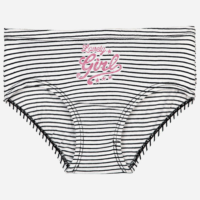 Black and white striped girls' underwear with 'Lovely Girl' pink text on front