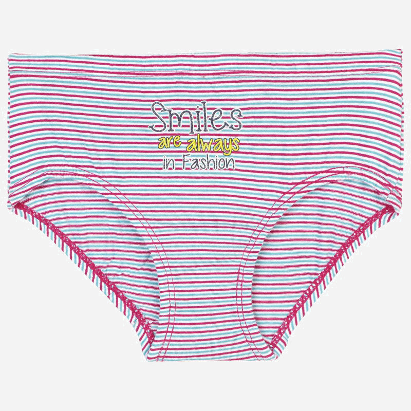 Girls' striped cotton briefs with pink, blue, and white lines, 'Smiles are always in fashion' print.