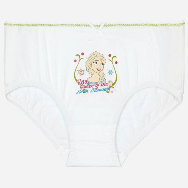 White girls' underwear featuring cartoon Elsa print and 'Queen of the North Mountain' text