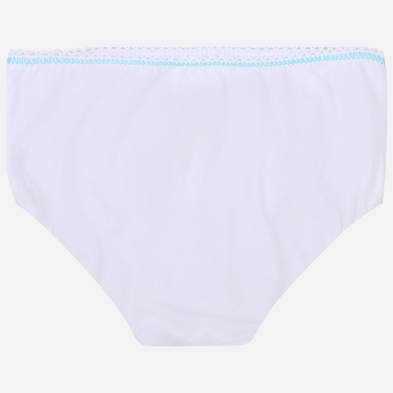 White cotton kids brief with blue elastic waistband on plain background