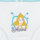 White girls' underwear featuring a cartoon princess graphic and blue stitched trim.