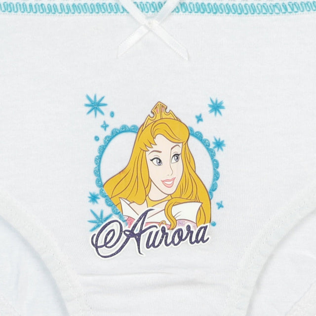 White girls' underwear featuring a cartoon princess graphic and blue stitched trim.