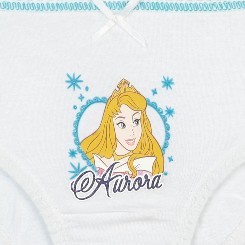 White girls' underwear featuring a cartoon princess graphic and blue stitched trim.
