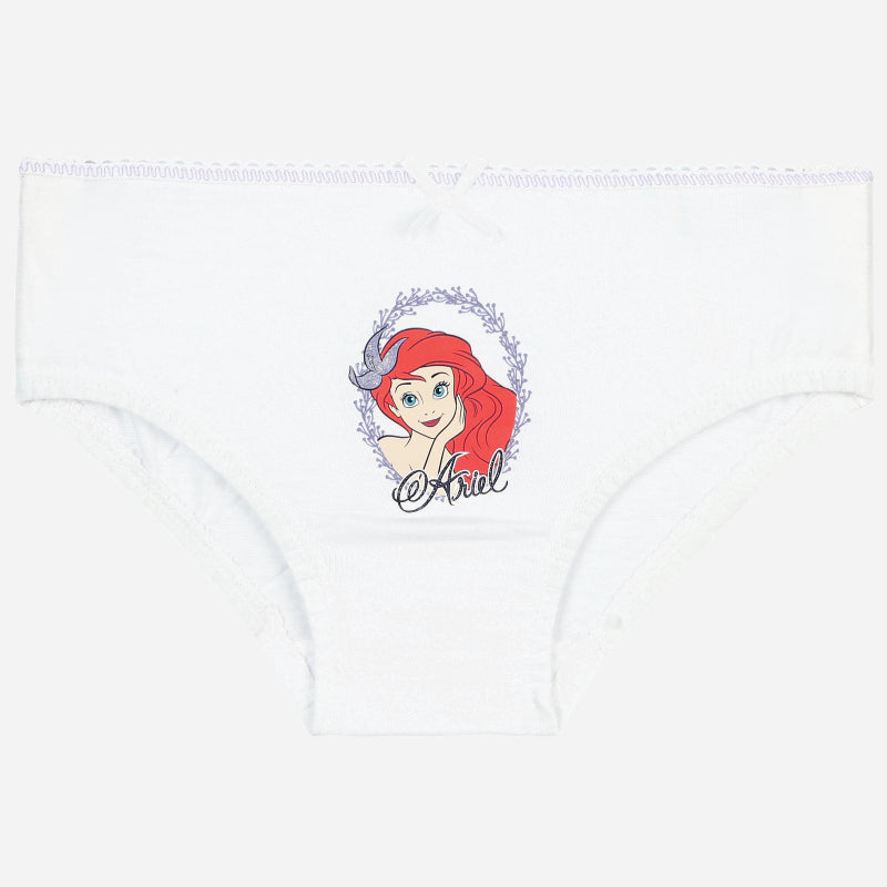 Girls' white underwear with Ariel character print and small front ribbon, soft cotton fabric.