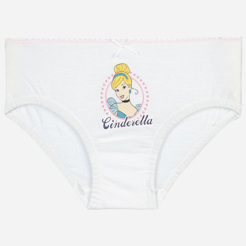 White girls' brief with Cinderella cartoon print, soft cotton kids innerwear, front view