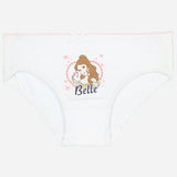 White girls' underwear featuring Belle cartoon print and pink scalloped trim on a plain background