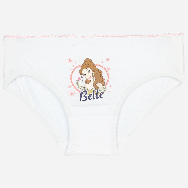 White girls' underwear featuring Belle cartoon print and pink scalloped trim on a plain background