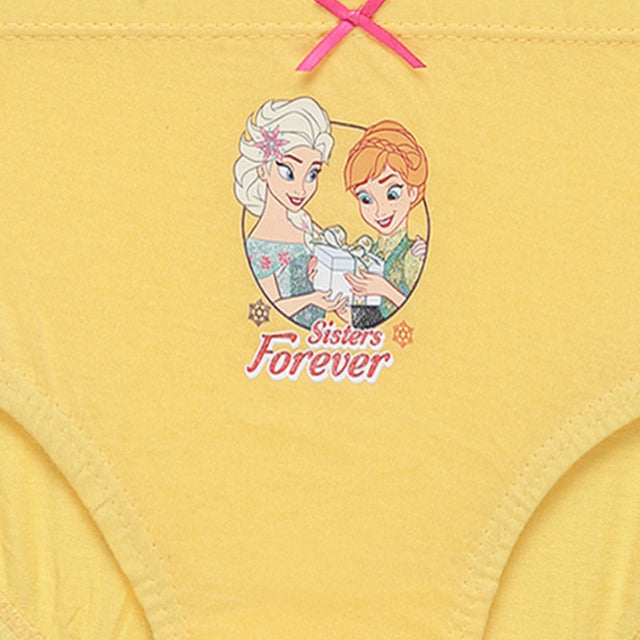 Yellow girls' underwear with cartoon sisters graphic, pink bow, and 'Sisters Forever' text