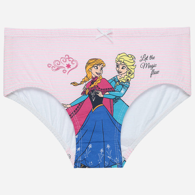Pink striped girls' underwear with cartoon princess characters and 'Let the Magic flow' text