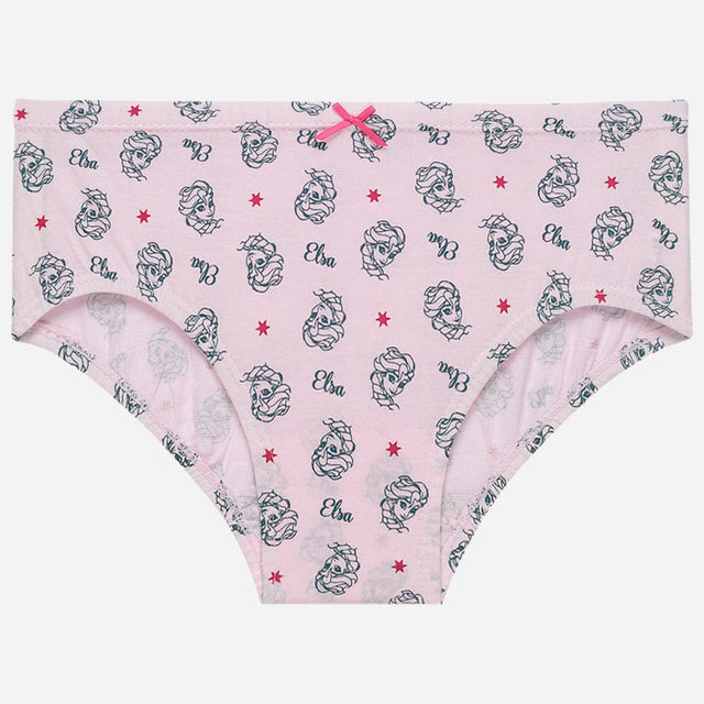 Pink girls' underwear with Elsa cartoon print, red stars, and a small pink bow on waistband