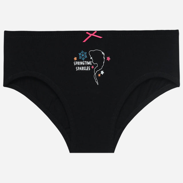 Black girls' underwear with pink bow, springtime sparkles print, and colorful stars.
