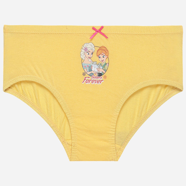 Yellow girls' innerwear brief featuring cartoon sisters graphic and pink bow accent